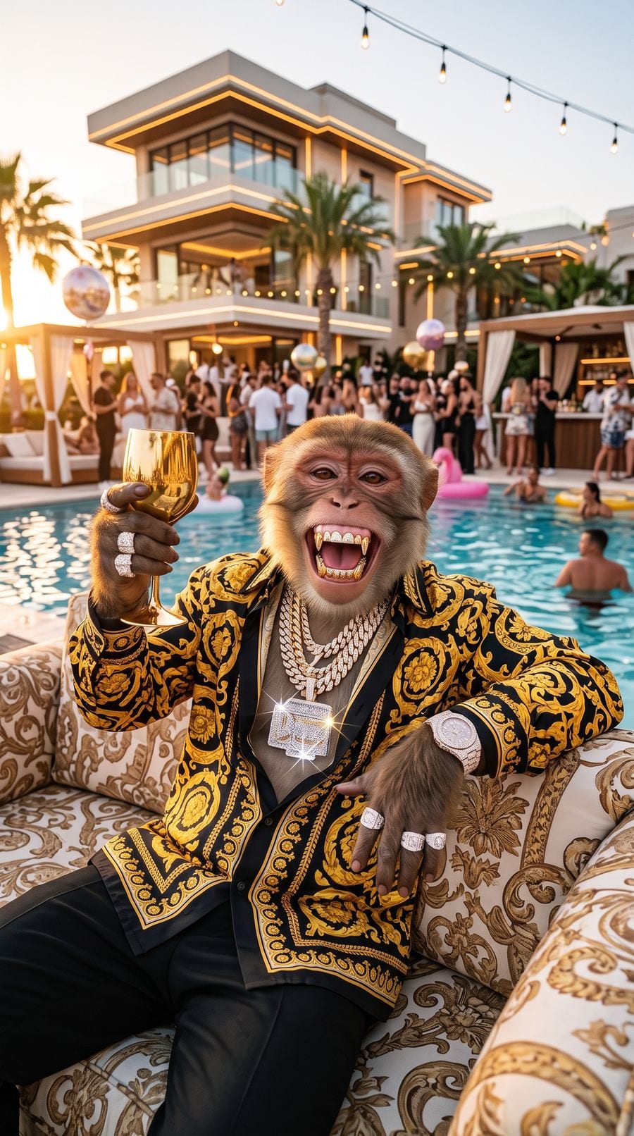MONK at a pool party raising a gold glass