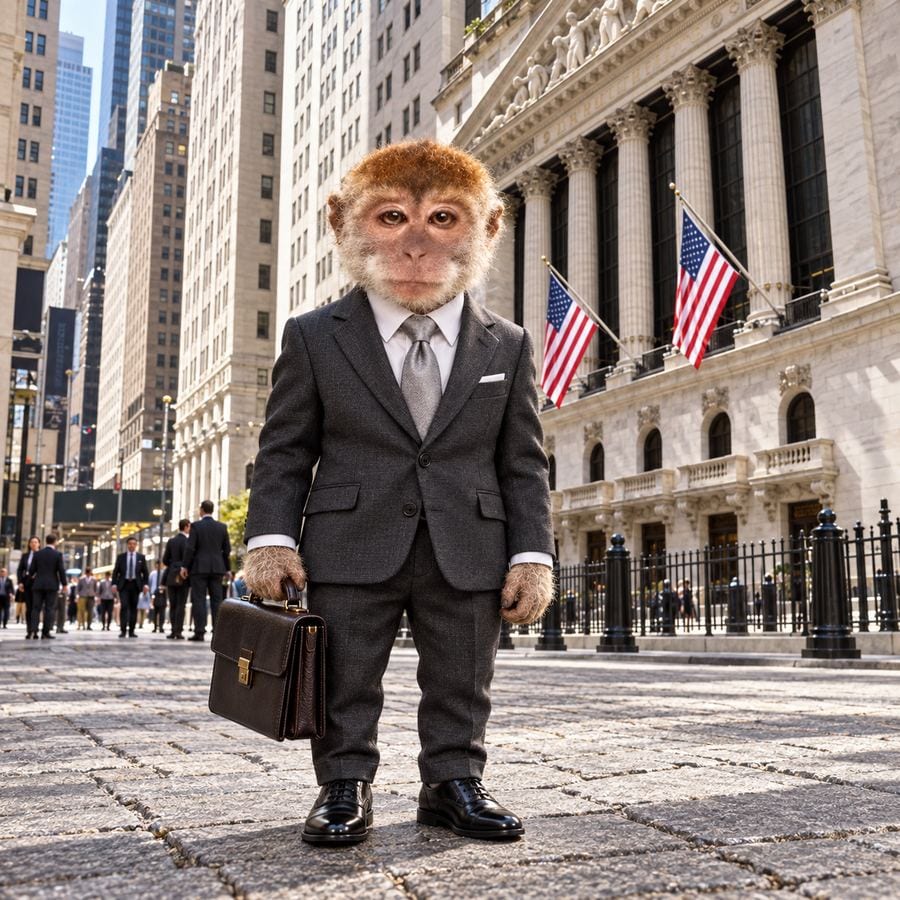 MONK with a briefcase outside the exchange