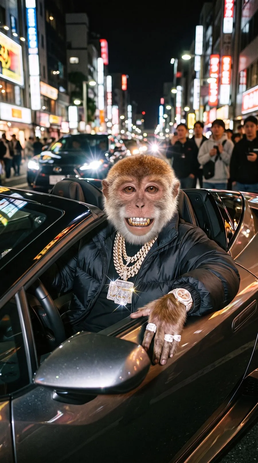 MONK in a convertible wearing gold grills