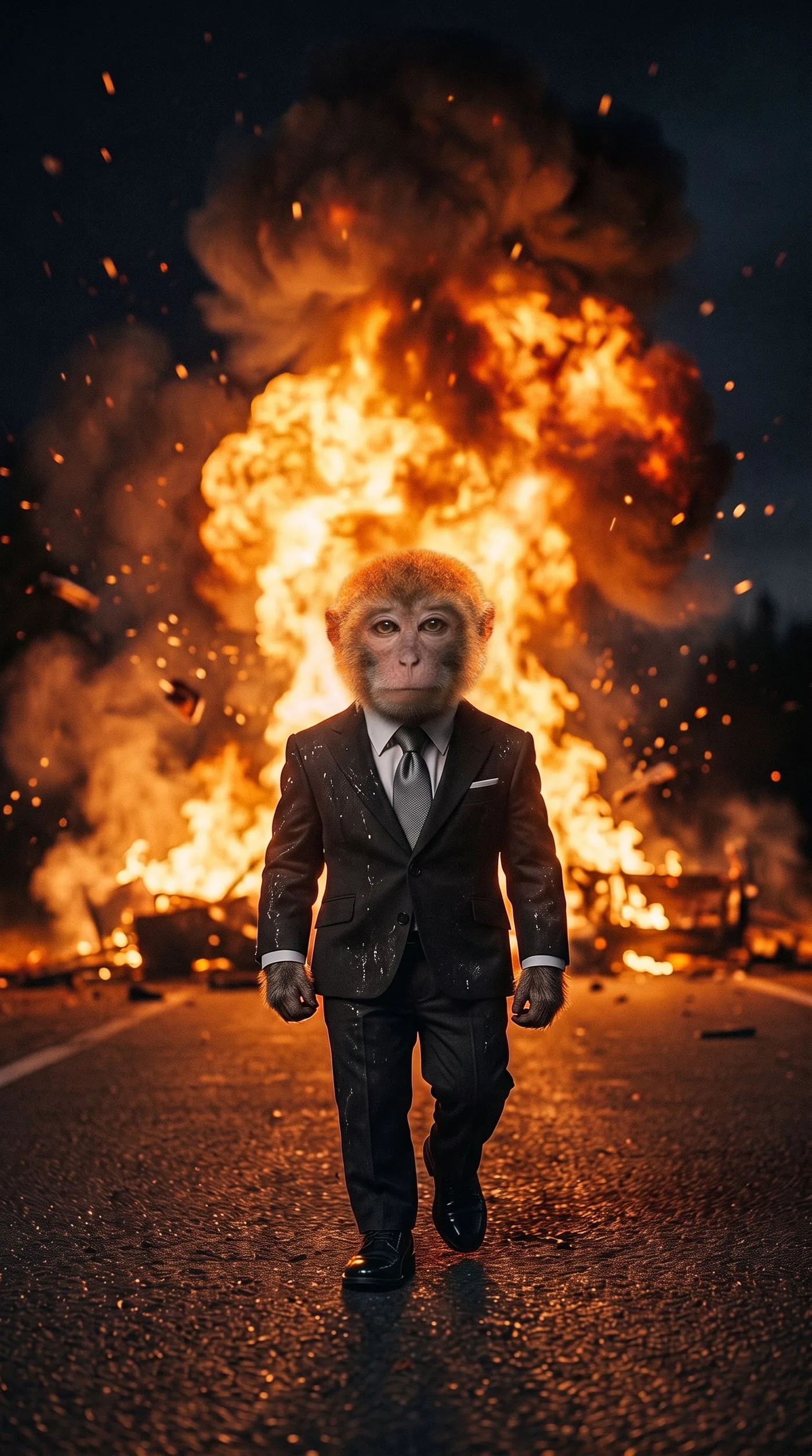 MONK in a suit walking away from an explosion
