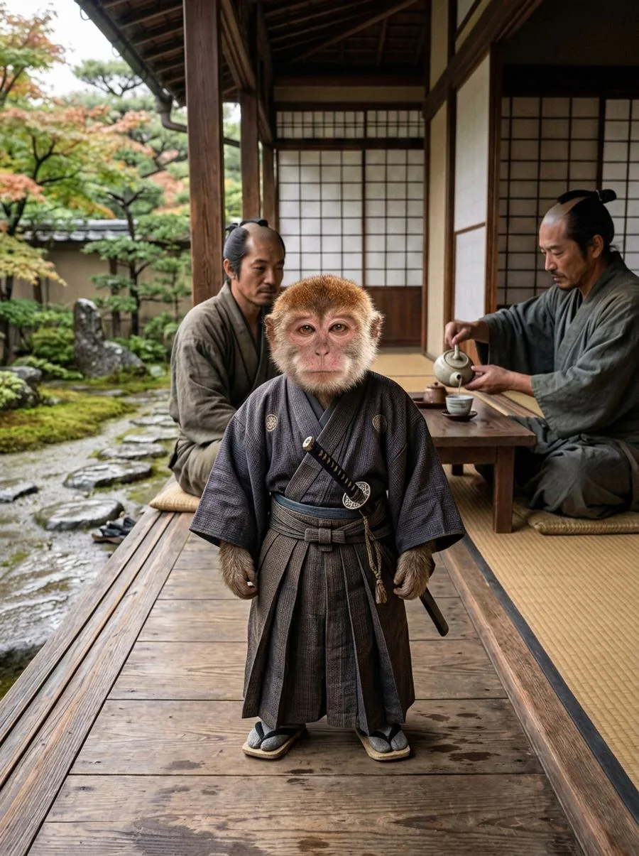 MONK in a kimono on a temple veranda